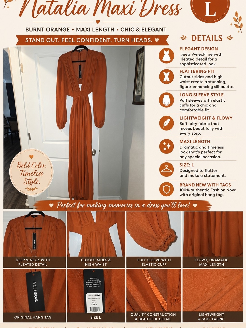 Fashion Nova Burnt Orange Natalia Maxi Dress — Long Sleeve V-Neck